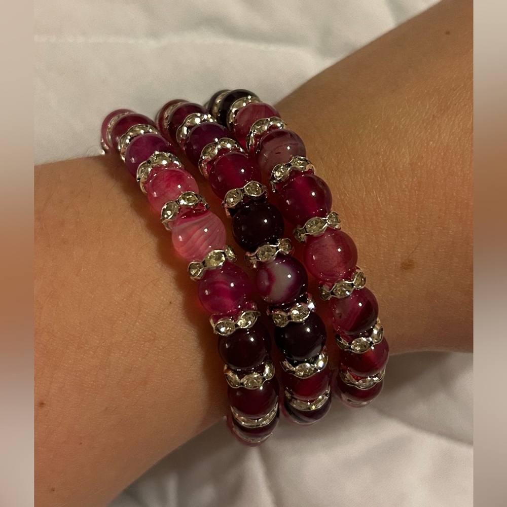 Set of 3 Handmade Stretchy Pink Agate Crystal Bracelets